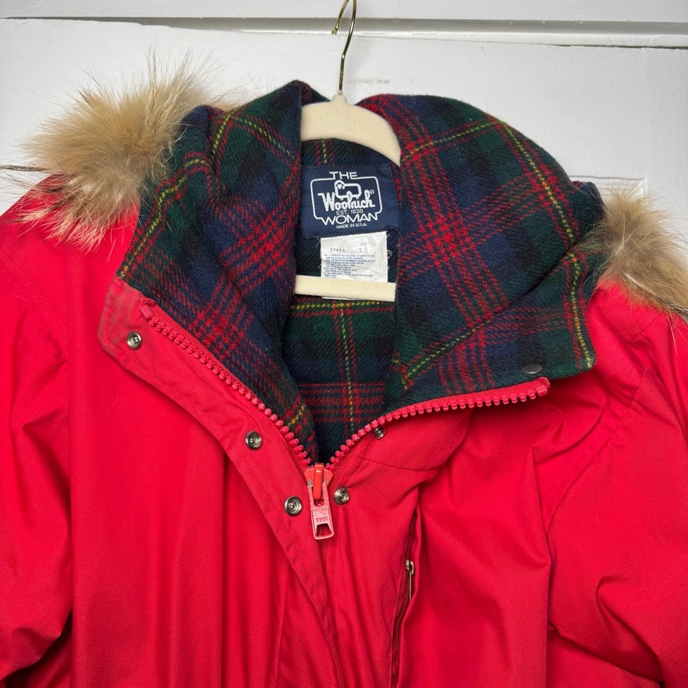 Woolrich Flannel Lined Fur Trim Parka Red Winter Coat Large - Picture 2 of 16